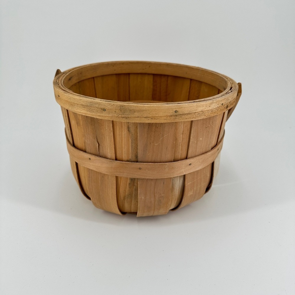 4 Kids Company Natural Wood Slat Apple Basket with Handle Farmhouse Decor 2016